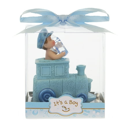 Mega Favors Keepsake Figurine 12 pcs Baby Boy Holding Bottle Inside Train Engine | Awesome Decorations or Party Favors | for Pregnancy Announcements, Gender Reveals, Birthday and Special Celebrations