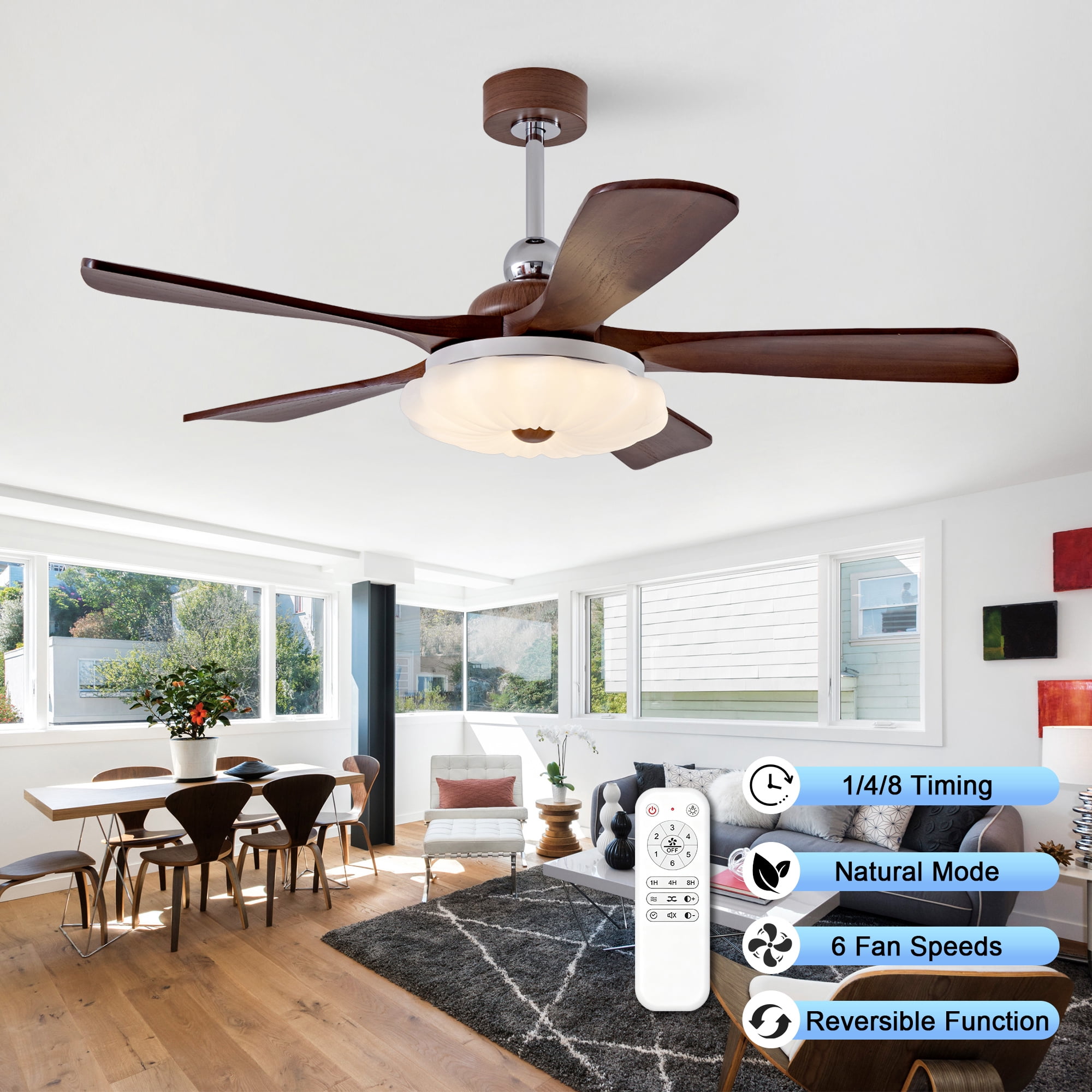Ceiling Fan 52 Inch with 5 Solid Wood Blades and Light, Remote Control Ceiling Fan and LED Light Fixture with Reversible DC Motor for Living Room, Walnut