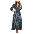 thumbnail image 2 of Conairie Maxi Dresses for Women Dotted Print V Neck Loose Stretch Elegant Long Sleeve A-Line Dress Comfort Vocation Boho formal Dresses Navy XL, 2 of 9