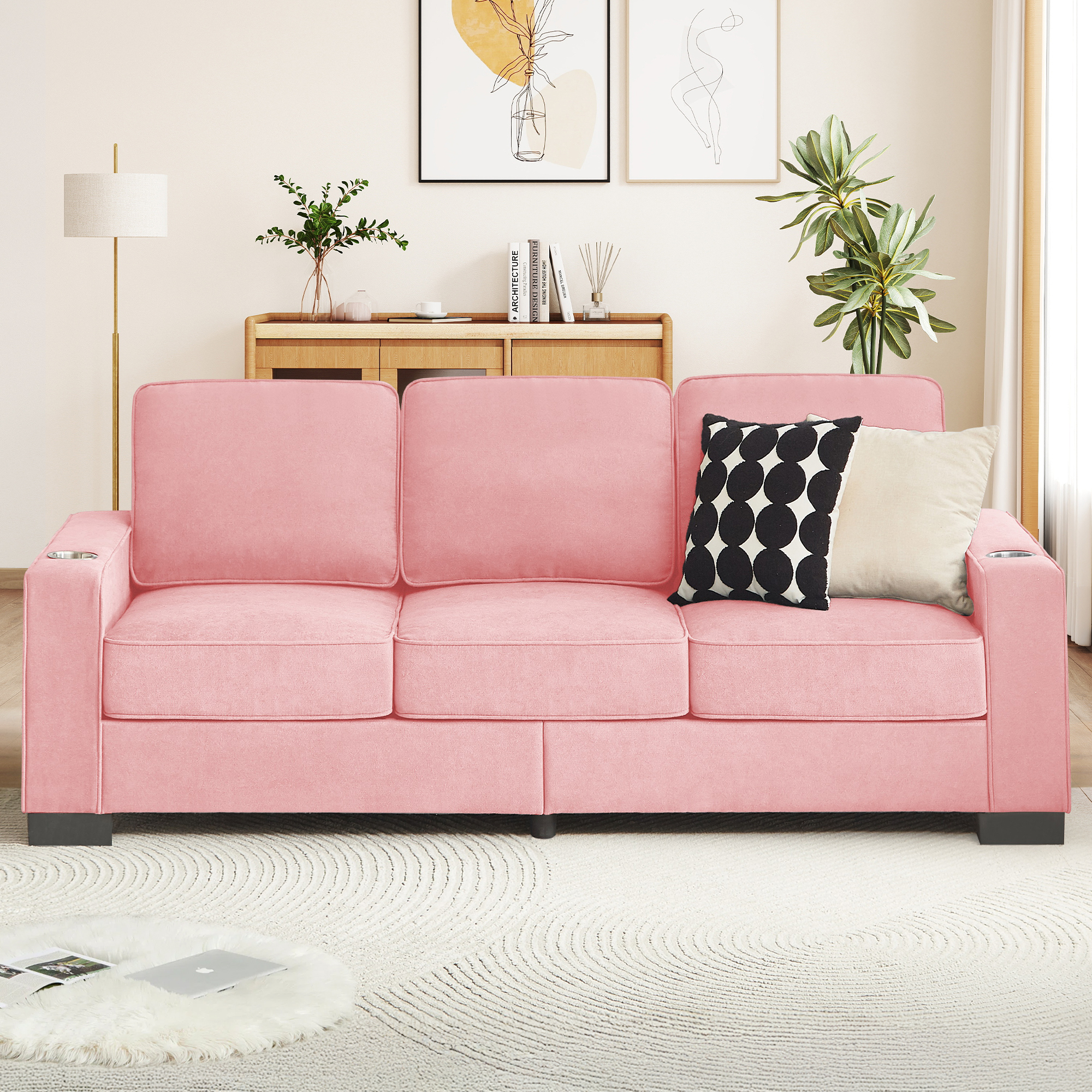 Lunale 83" Velvet Sofa with Cup Holders, Modern 3-Seater Couch for Living Room, Apt., Pink