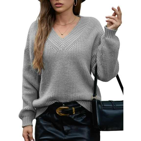 Female Long Sleeve V Neck Pullover Sweater Oversized Chunky Knitted Loose Jumper Sweaters Grey S