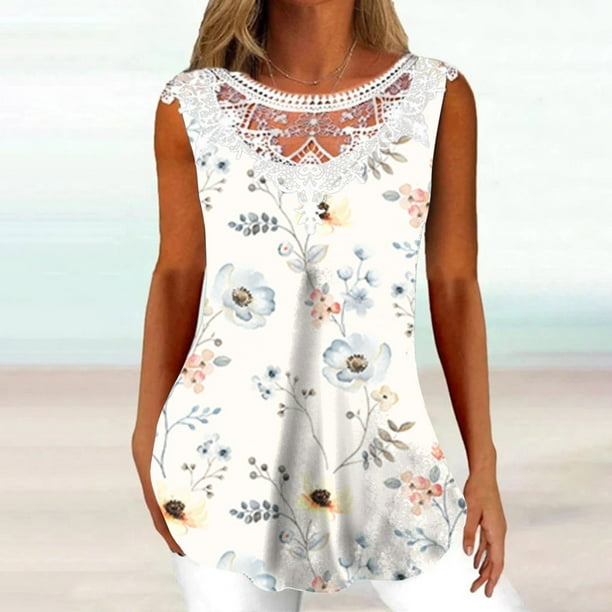 ICHUANYI Clearance Women Fashion Summer Sexy Fold Printed Regular Lace Sleeveless V Neck Button Top(White, L) ICHUANYI WER2023080802963