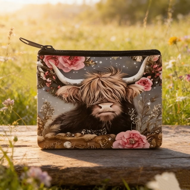 shyuyusa Highland Cow Pattern Coin Pouch Polyester Card Holder Simple Square Organizer for Small Personal Items