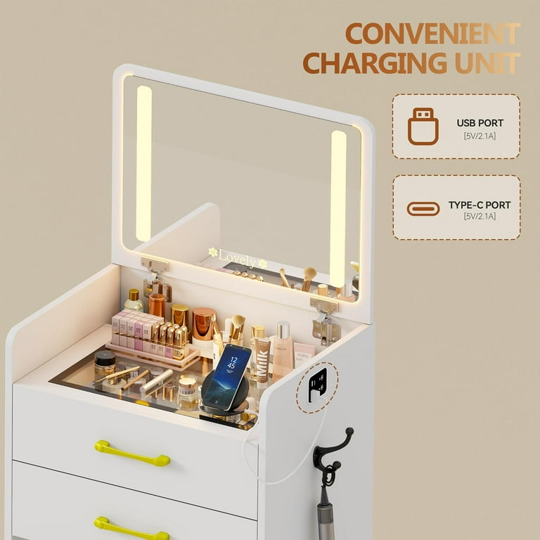 Compact Vanity Desk Set With Flip Top Mirror, LED Light, Makeup Vanity Table With Drawers For Small Space, Hidden Mini Vanity Dressing Table With Removable Upholstered Stool, Bedroom,White