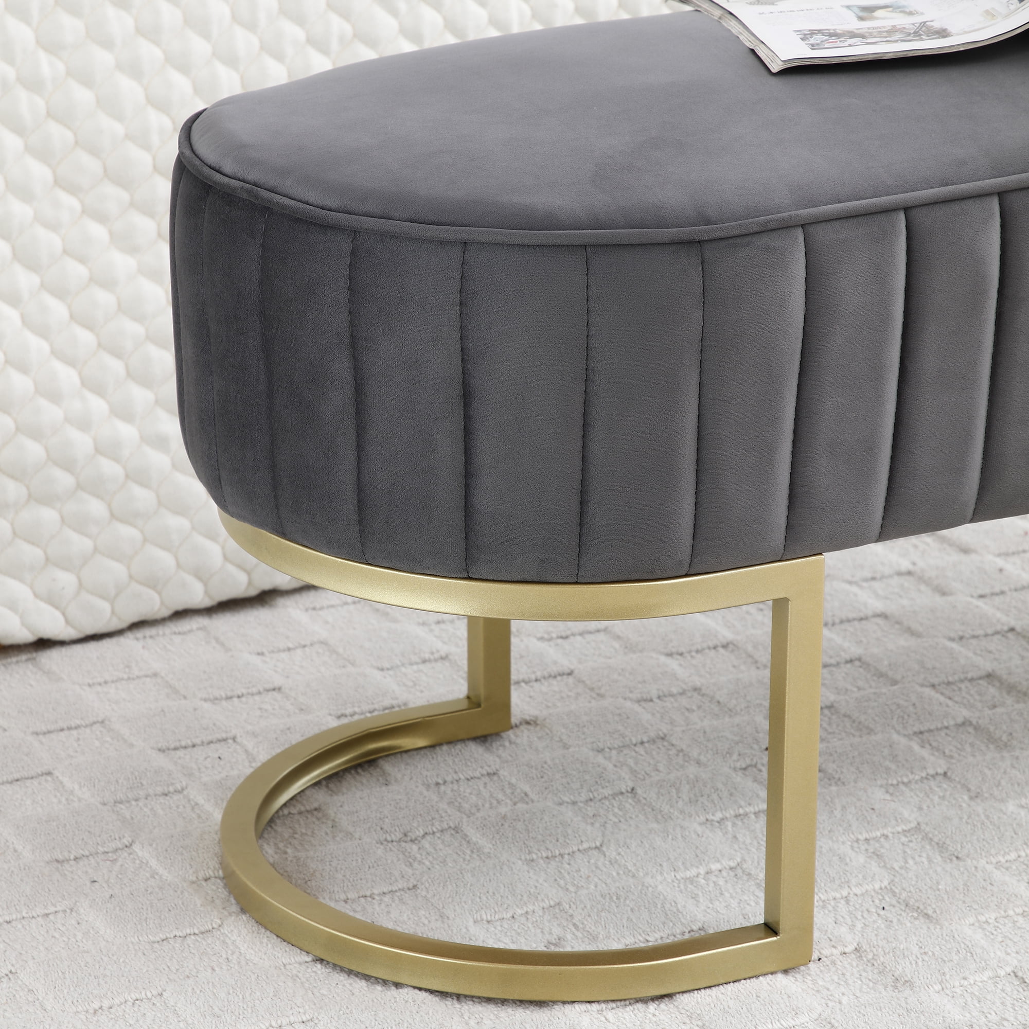 Miniyam Bench Bedroom Bench,Velvet Oval Upholstered End of Bed Bench with Golden Metal Legs,Gray