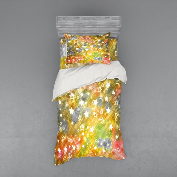 Christmas Duvet Cover Set, Xmas Themed Grunge Design with Stars Snowflakes Blurry Happy Holiday Yuletide, Bedding Set with Shams and Fitted Sheet, 3 Sizes, by Ambesonne