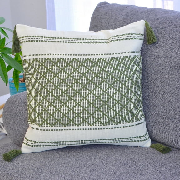 Decorative Boho Throw Pillow Cover with Tassels Olive Green & White, 18x18 inch Single Piece / Designer Cushion Cover for Sofa, Bed/ Farmhouse Accent Cotton Woven Pillow Case