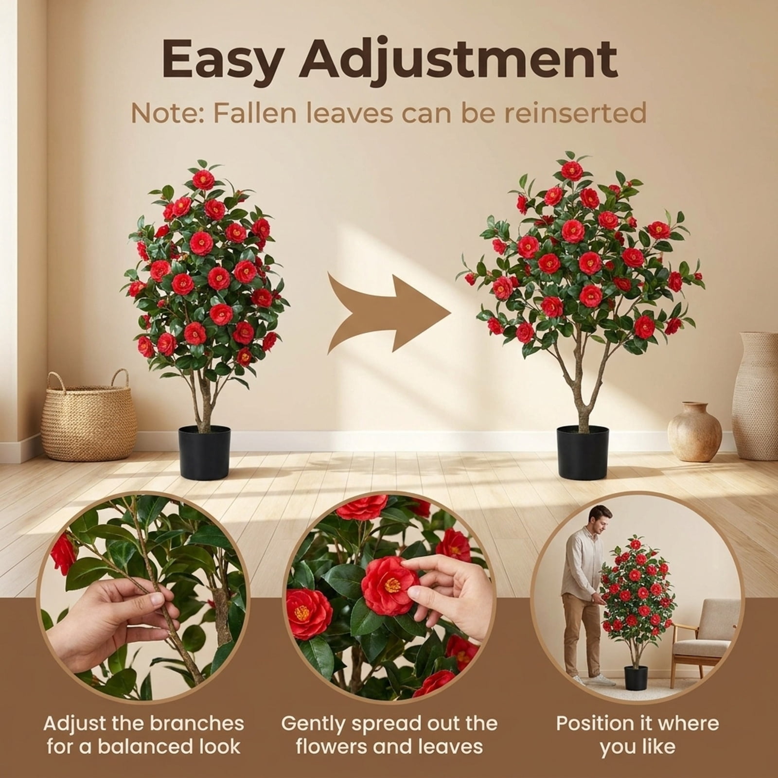 Vebreda Artificial Plant Decor, Artificial Camellia Tree Faux Flower Plant in Cement-Filled Pot, Lifelike & Elegant Design, Selected PE Materials