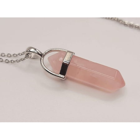 Rose Quartz Handmade Point Necklace Hexagon Chain Pendant Silver Tone