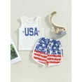 thumbnail image 3 of Yunliwuli Toddler Boys Summer Outfit Sets White Sleeveless Letter Print Vest + Stars Striped Drawstring Shorts, 3 of 9