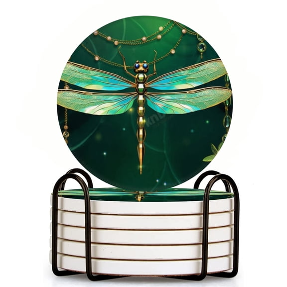 Dragonfly Made Of Green And Gold With Gemstones Hanging Set of 6 Ceramic Coasters with Holder, Absorbent Drink Bar Coasters, Table Coasters for Living Room Decor Tabletop Protection