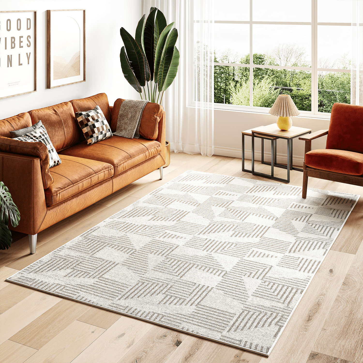 Bestier Rectangle Geometric Machine Braided Polypropylene Area Rug in Ivory, 3"x5"