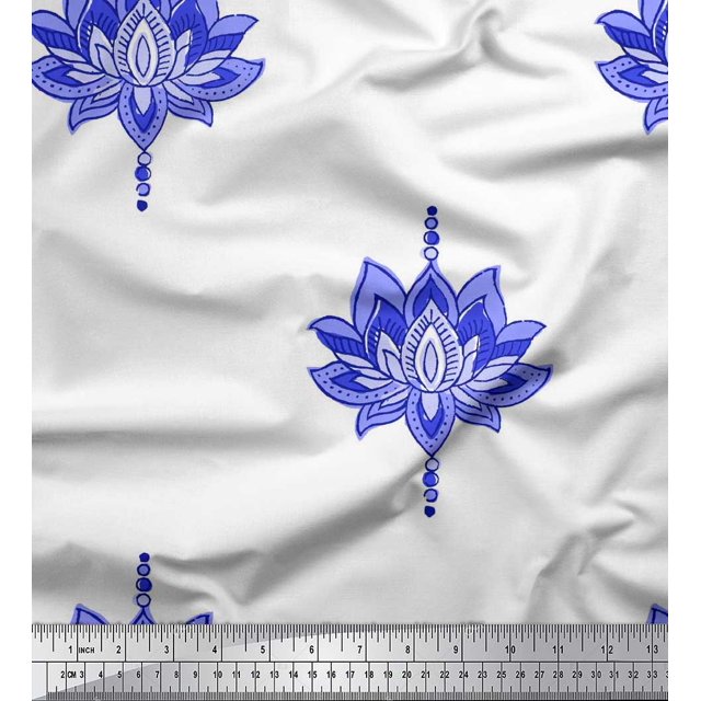 Soimoi Crepe Silk Fabric Dot & Lotus Block Fabric Prints by Yard 42 Inch Wide