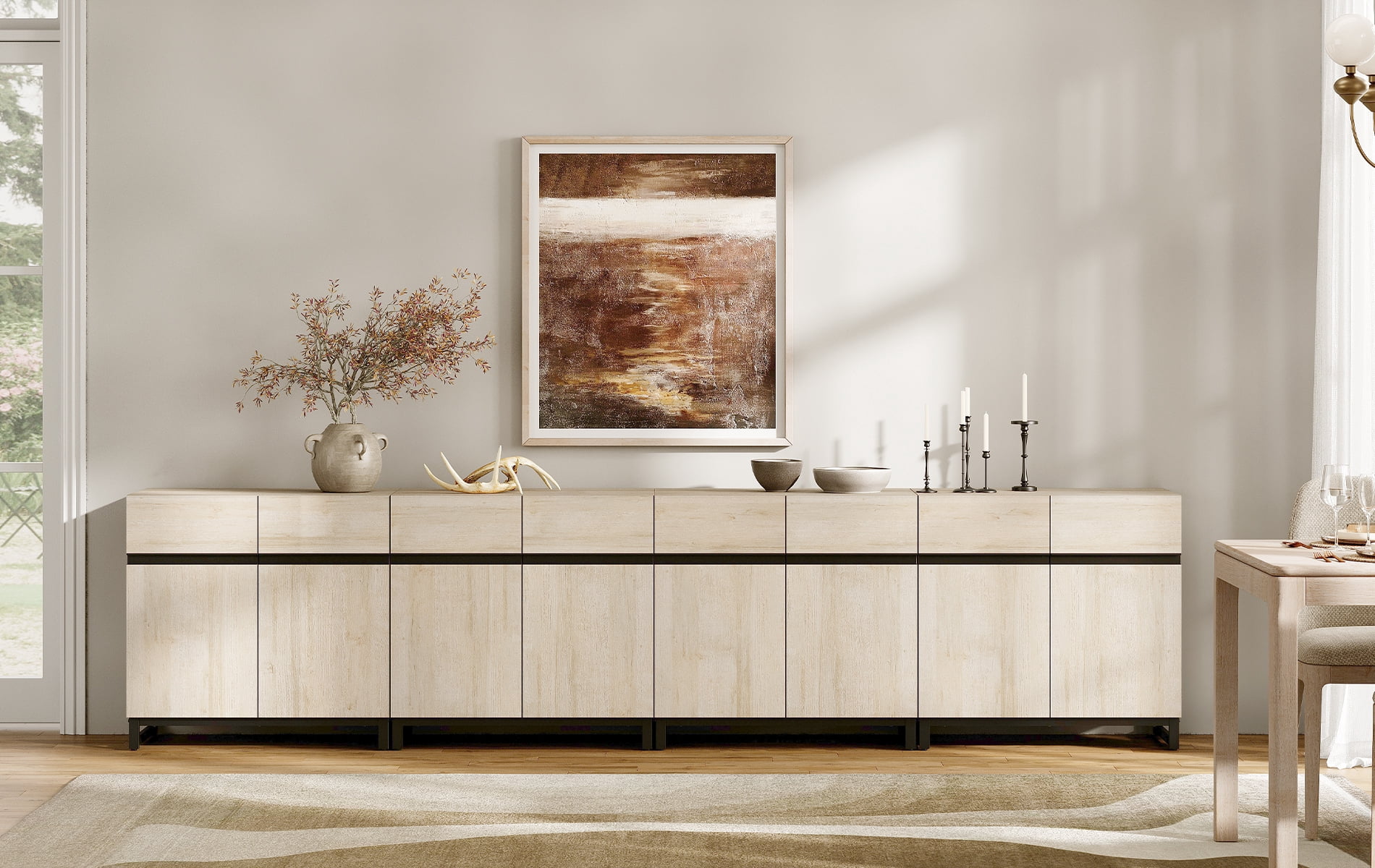 WAMPAT 126" Wide 4-In-1 Multifunctional Sideboard Buffet with Adjustable Shelf & Metal Base, Modern Wood Grain Storage Cabinet for Dining Room, Living Room.