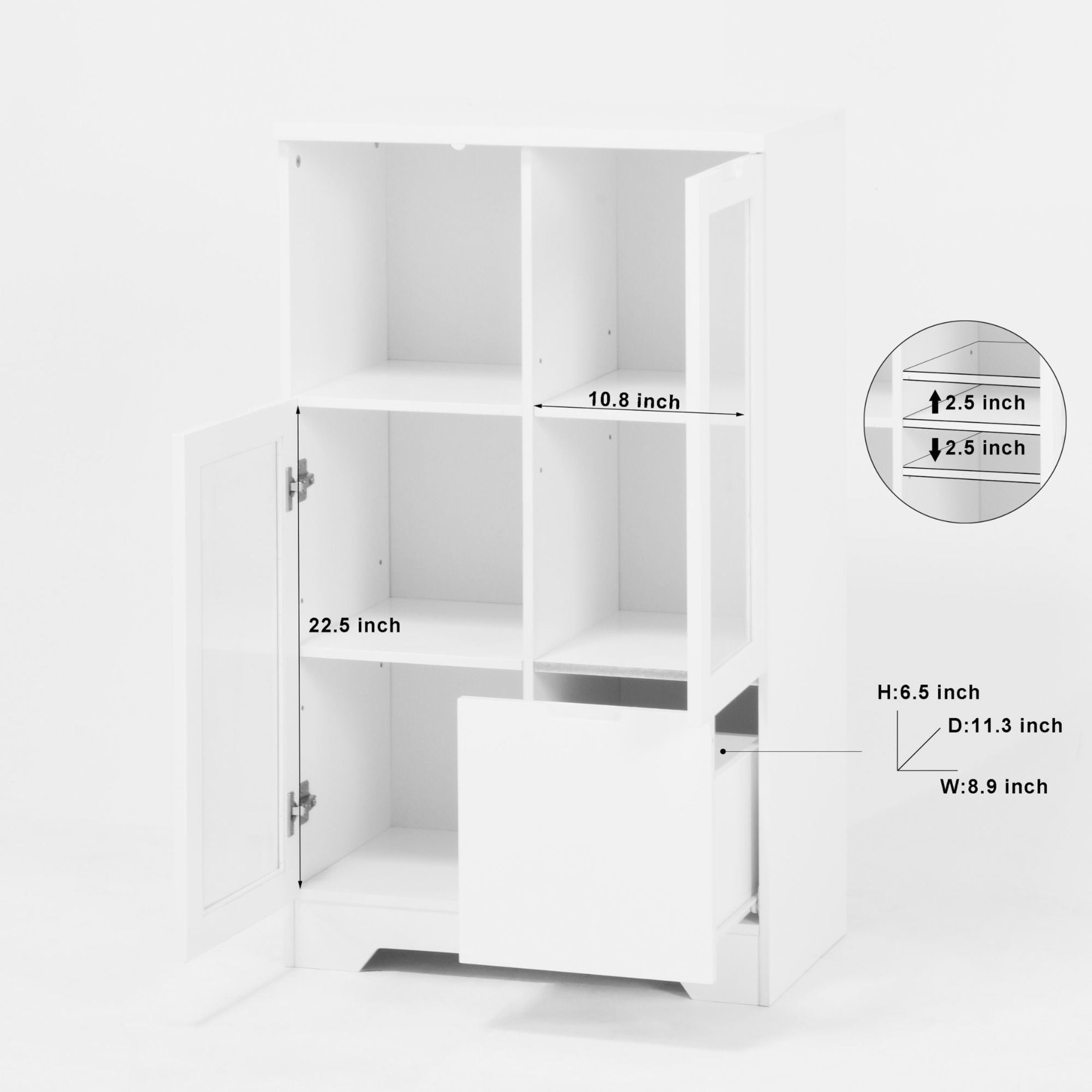 Noble House Storage Cabinet with Glass Doors and Drawer, Adjustable Shelves, White