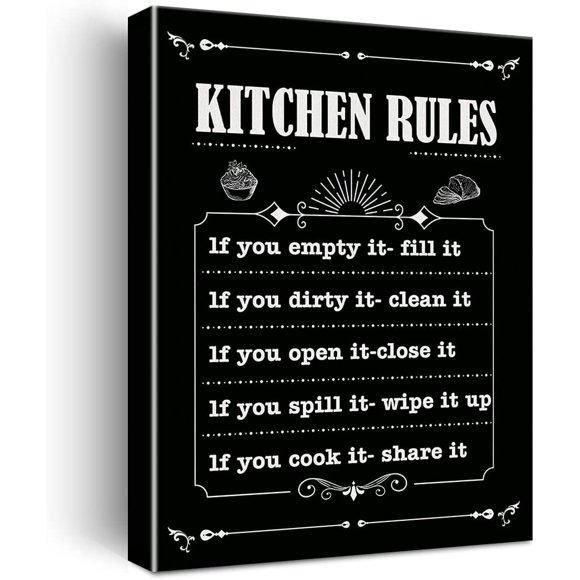 Black Design Kitchen Rules Canvas Wall Art, Kitche Wall Art Signs, Ready to Hang Wall Decoration Print Poster for Kitchen, Framed 11.5" X 15"