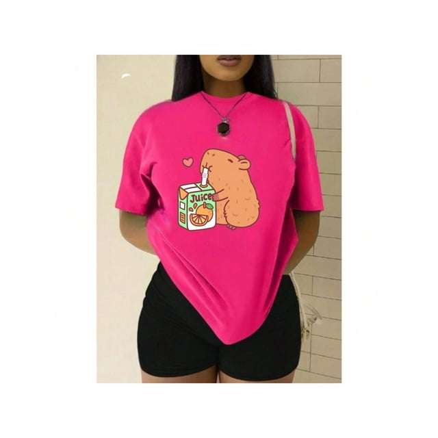 Playera Blusa Divertida De Capybara Tomando Jugo Ropa De Mujer Capibara Color Fucsia Talla Mediana Marca Emil SaEs