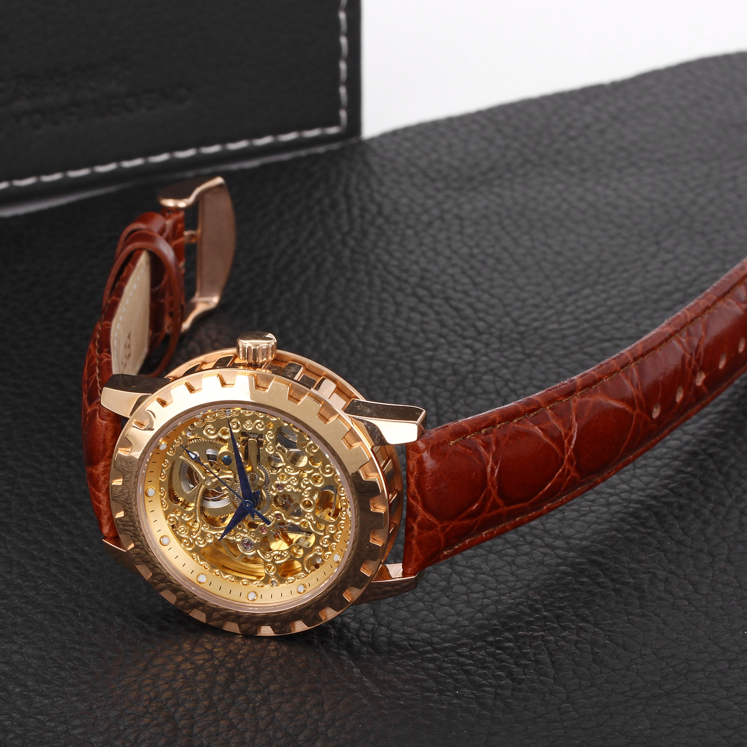 BERNY Automatic Watches for Men, Luxury Skeleton Mechanical Watch Self Winding Carved, Exhibition Caseback, Luminous, 5ATM Waterproof, Stainless Steel, Vintage Men's Leather Watch (Rose Gold)