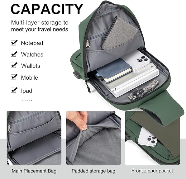 Kabaqoo Crossbody Sling Bag for Travel Work, Shoulder Chest Backpack for Men and Women Green