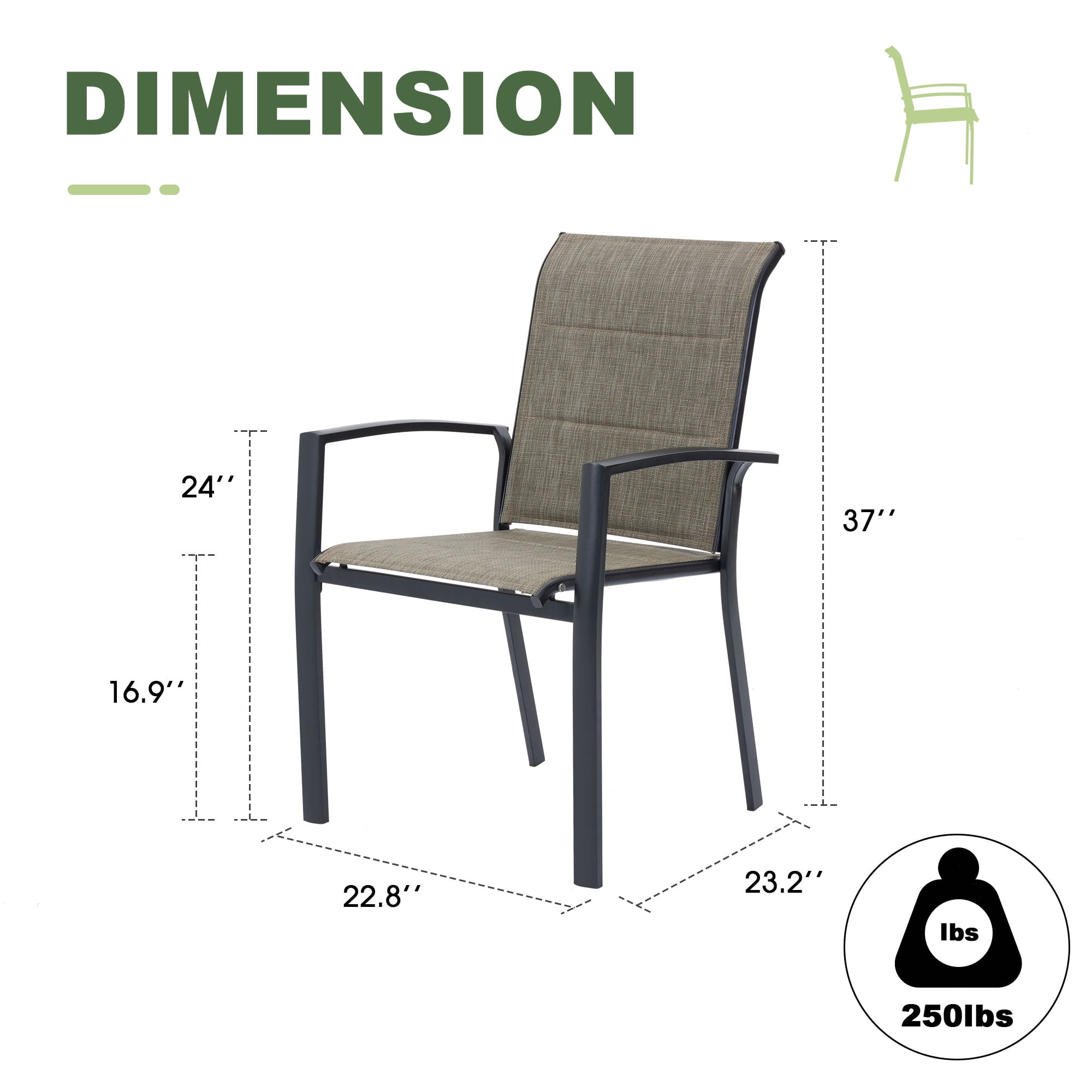 Vicllax Outdoor Patio Dining Chairs Stackable Padded Metal Frames with Textilene, Set of 6, Black