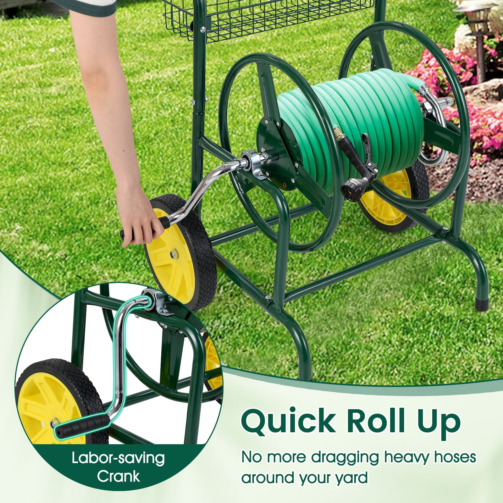 Gymax Garden Hose Reel Cart 230 FT of 5/8'' Large Capacity w/ 2 Wheels Storage Basket Green