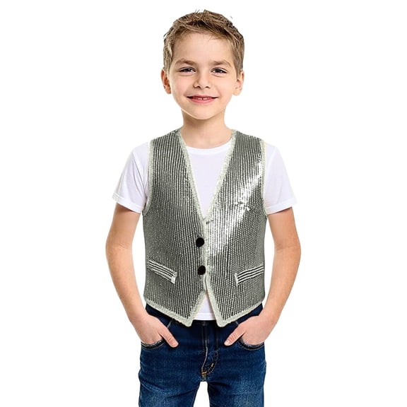 Arlun Kids Sequin Carnival Vests Glitter Party Wear Sleeveless Tank Tops for Boys Festive Celebration Colorful Shiny Dance Outfits Lightweight Cozy Double Button WaistcoatsSilverXS