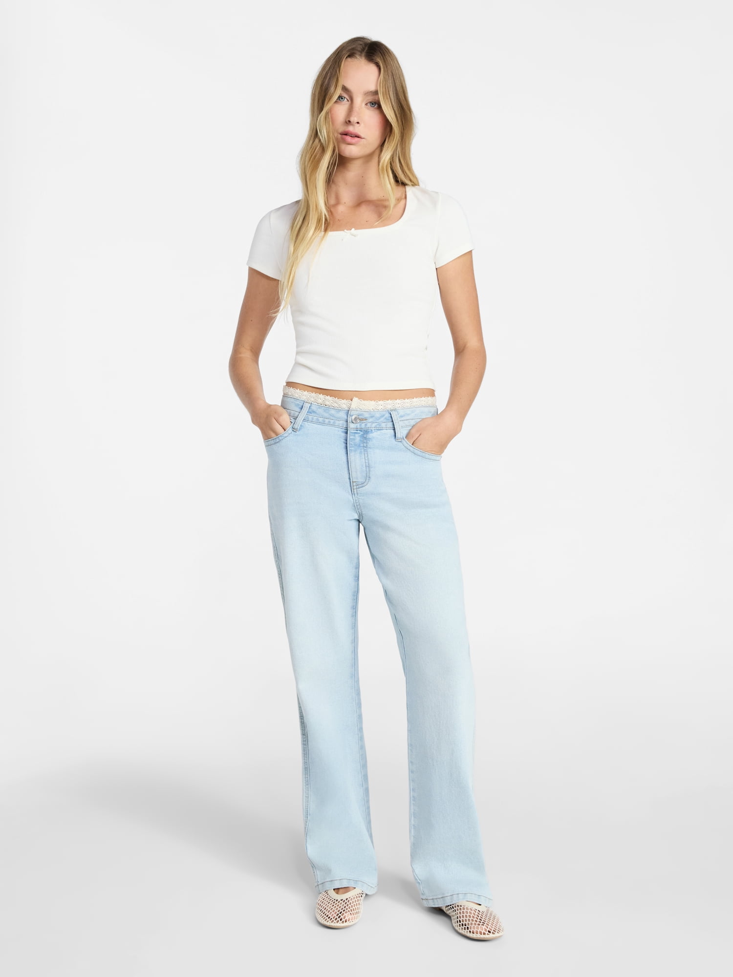 No Boundaries Lace Waist Baggy Wide Leg Jeans, 31'' Inseam, Women's 00-18