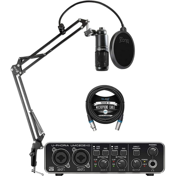 Behringer U-Phoria UMC202HD USB Audio Interface with Audio Technica AT2020 Microphone, Blucoil 10' XLR Cable