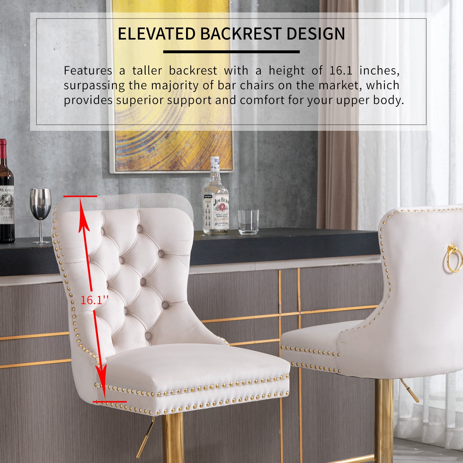 Beige Velvet Swivel Bar Stools Set of 4 with Upholstered Back, Adjustable Counter Height Barstools, Bar Chairs for Home Bar Kitchen Island Pub Restaurant (4 Pcs, Beige)