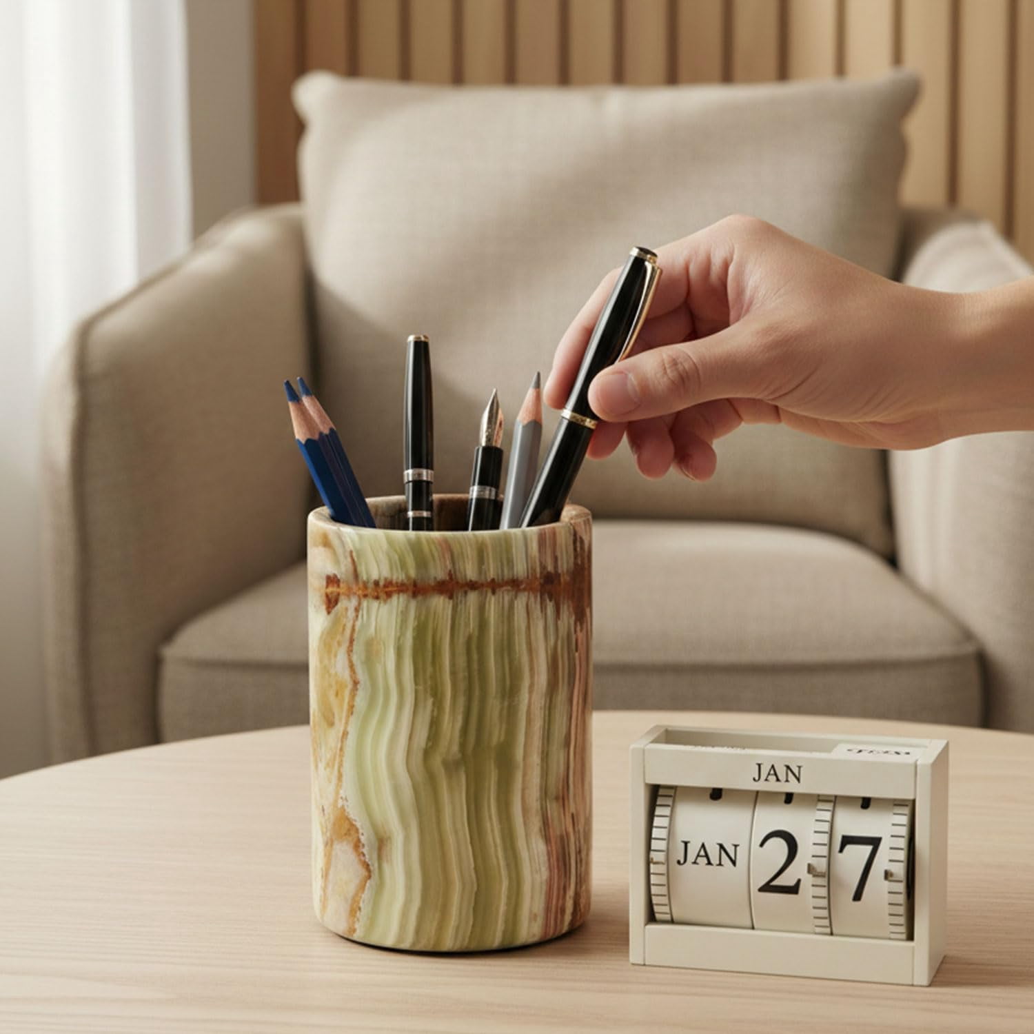 Radicaln Green Marble Stationary Holder 4" – Desk Pen Holder, Brush Container, Art Supplies Organizer, Toothbrush Cup, Luxury Office & Vanity Décor