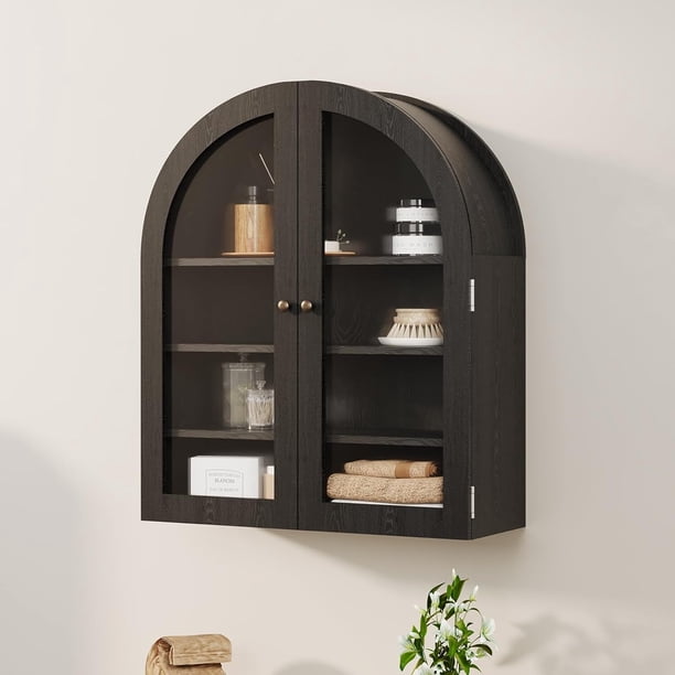 Bathroom wall-mounted arched medicine gabinete con almacenamiento, over-the-toilet organizer, glass doors, adjustable estantes, para laundry room, kitchen, sala de estar, negra