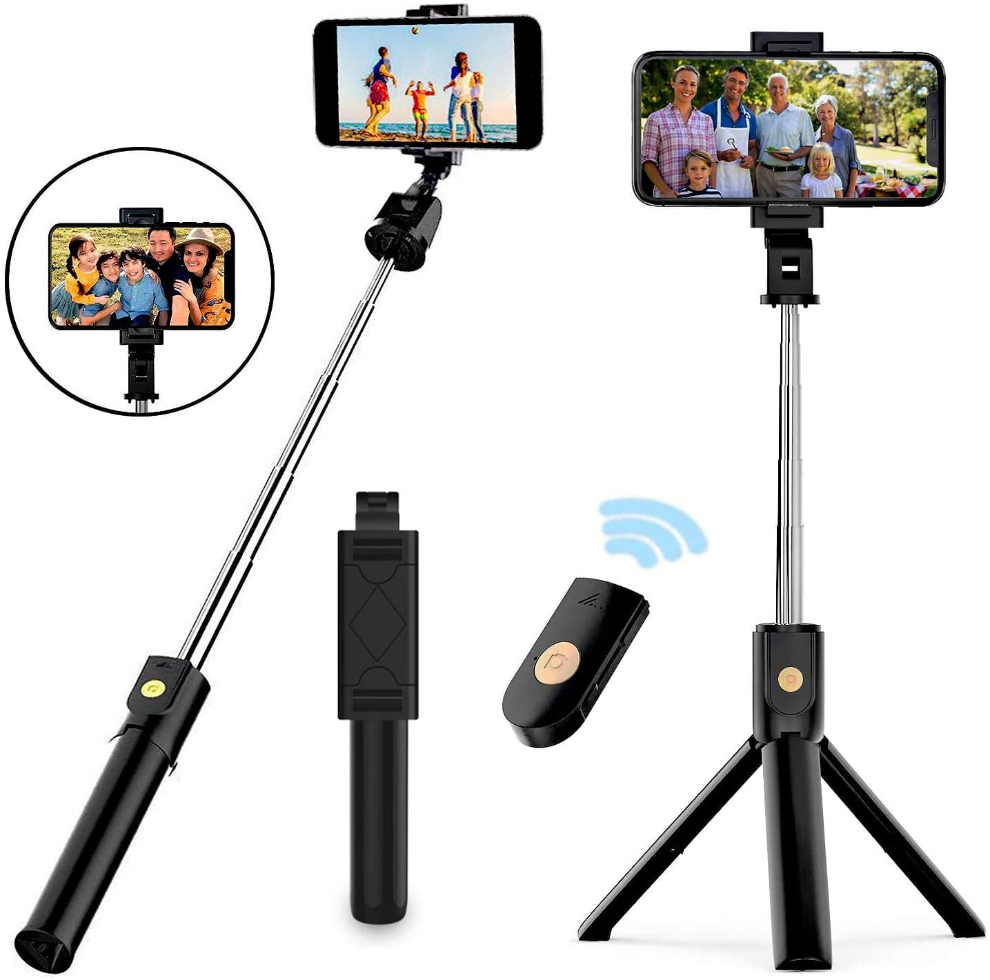 Bluetooth Selfie Stick with Tripod Extendable Compact Phone Stick with Wireless Remote and Extra Shutte Stand for iPhone 8 Plus/Xs Max/XR Galaxy Note 9/S10/S9 Huawei More iOS&Android Black