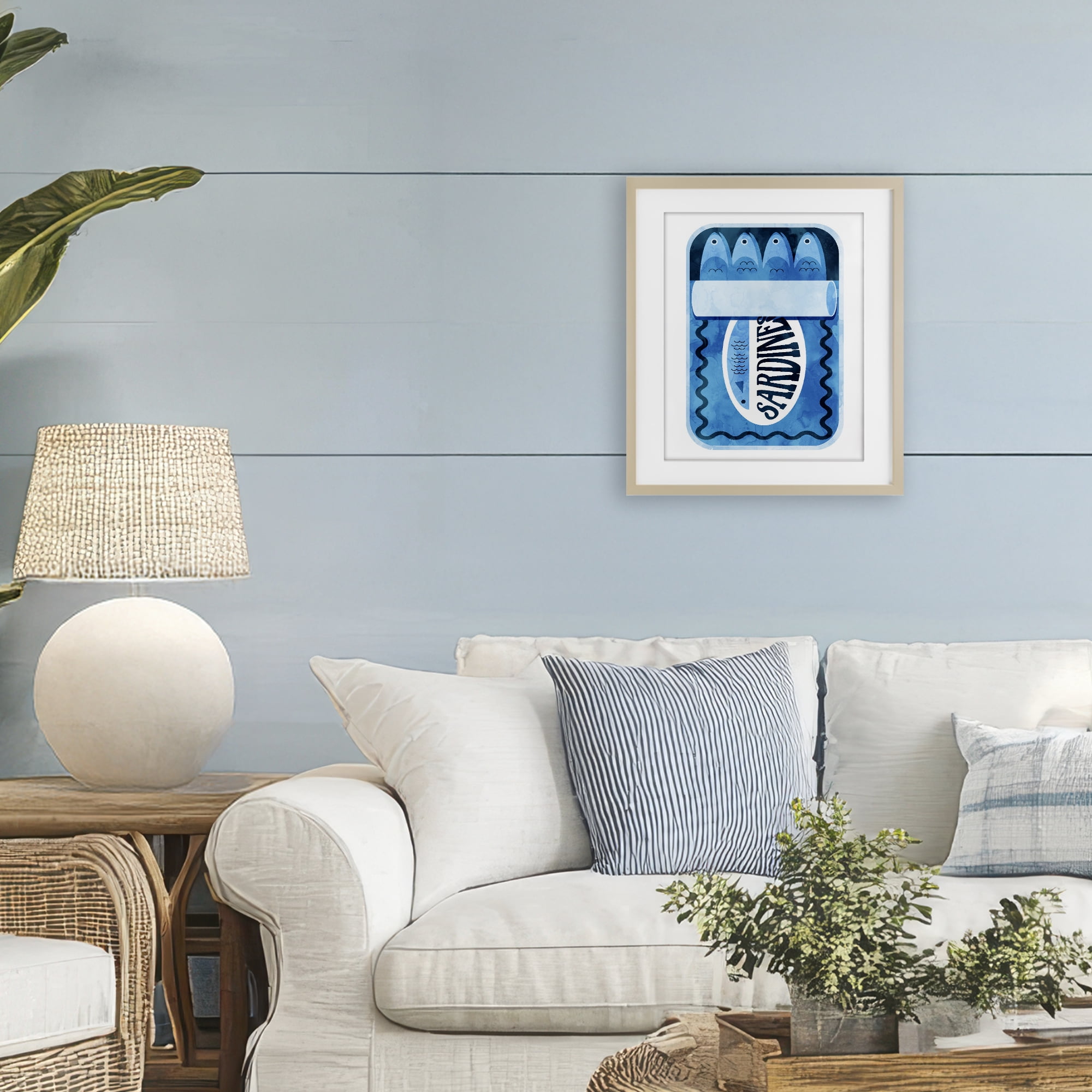 Retro Blue Sardine Tin Birch Framed Print Under Glass, design by Daphne Polselli