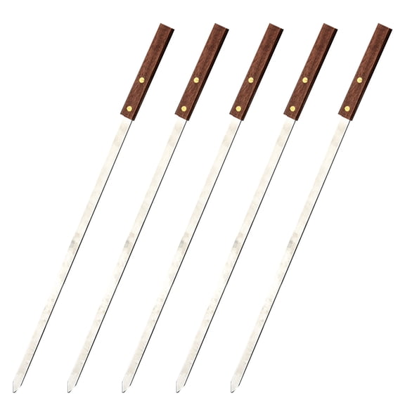 EXHUMKY 5Pcs Wooden Handle Stainless Steel Bbq Skewers Flat Meat Sticks Rustproof for Grilling