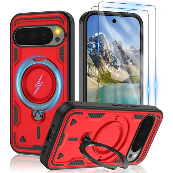 REQO for Google Pixel 9 / Pixel 9 Pro Case | Military-Grade Magnetic Protective Cover with MagSafe, 2-Pack HD Screen Protectors, Rotating Kickstand & Anti-Fingerprint Design‌