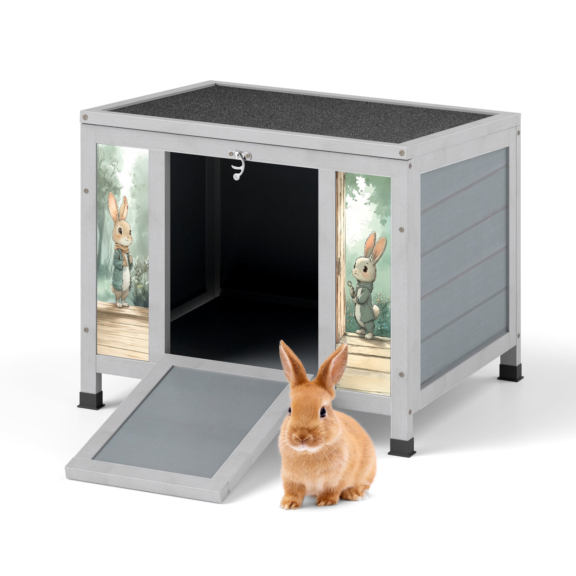 Noaman Outdoor Wooden Rabbit Hutch with Lockable Door, 23.62x18.62x19.5in Weatherproof Pet House for Small Animals, Gray