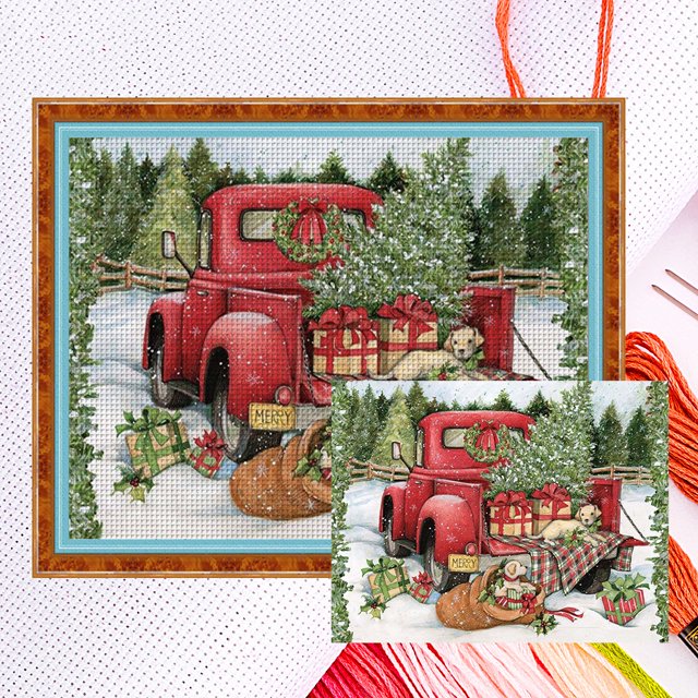(SZX-C180-2) Hilo algodón ecológico con bordado tela blanca 11CT 40x50cm Kit serie paisaje punto cruz con pequeño coche rojo navideño