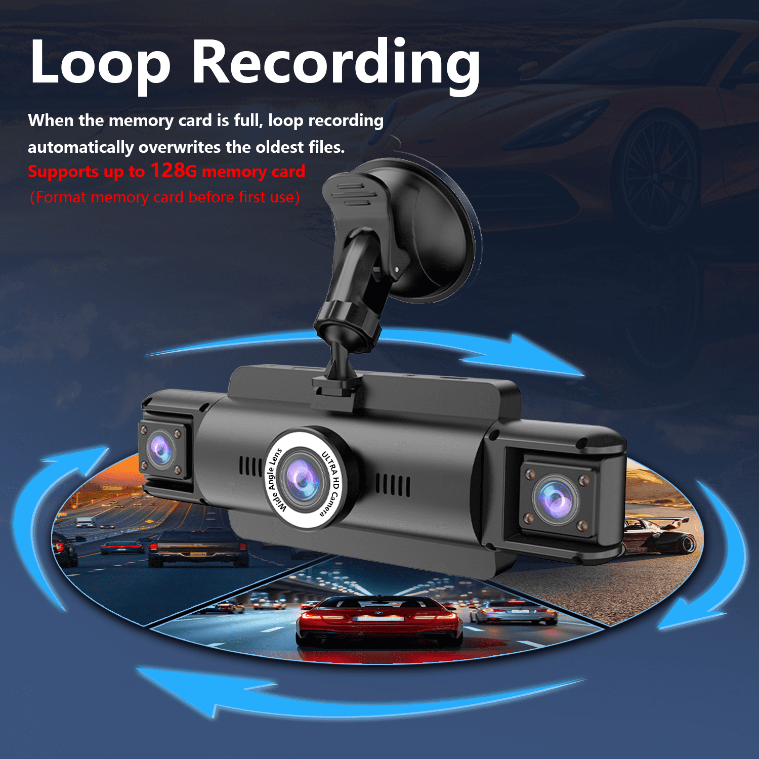 4 Channel Dash Cam,4K 360 Full View Front Rear Left Right Car Camera, 2.4GHz WiFi App, Night Vision, G-Sensor, Loop Recording, 64GB Card