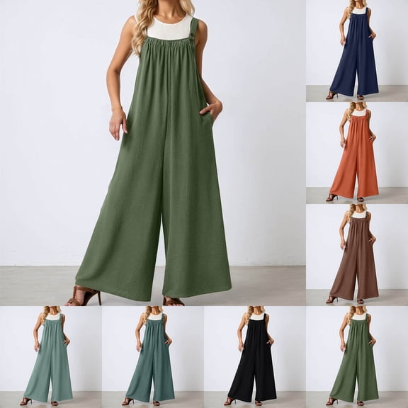 MAIHAN Jumpsuits for Women Casual Jumpsuits Summer Boho Wide Leg Rompers Sleeveless Loose Fit V-Neck One Piece with Adjustable Waist with Pockets(Dark Green,XXXL)