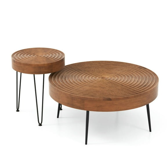 Spaco Set of 2 Solid Wood Ring Pattern Farmhouse Round Coffee Tables-Brown, Tea Table