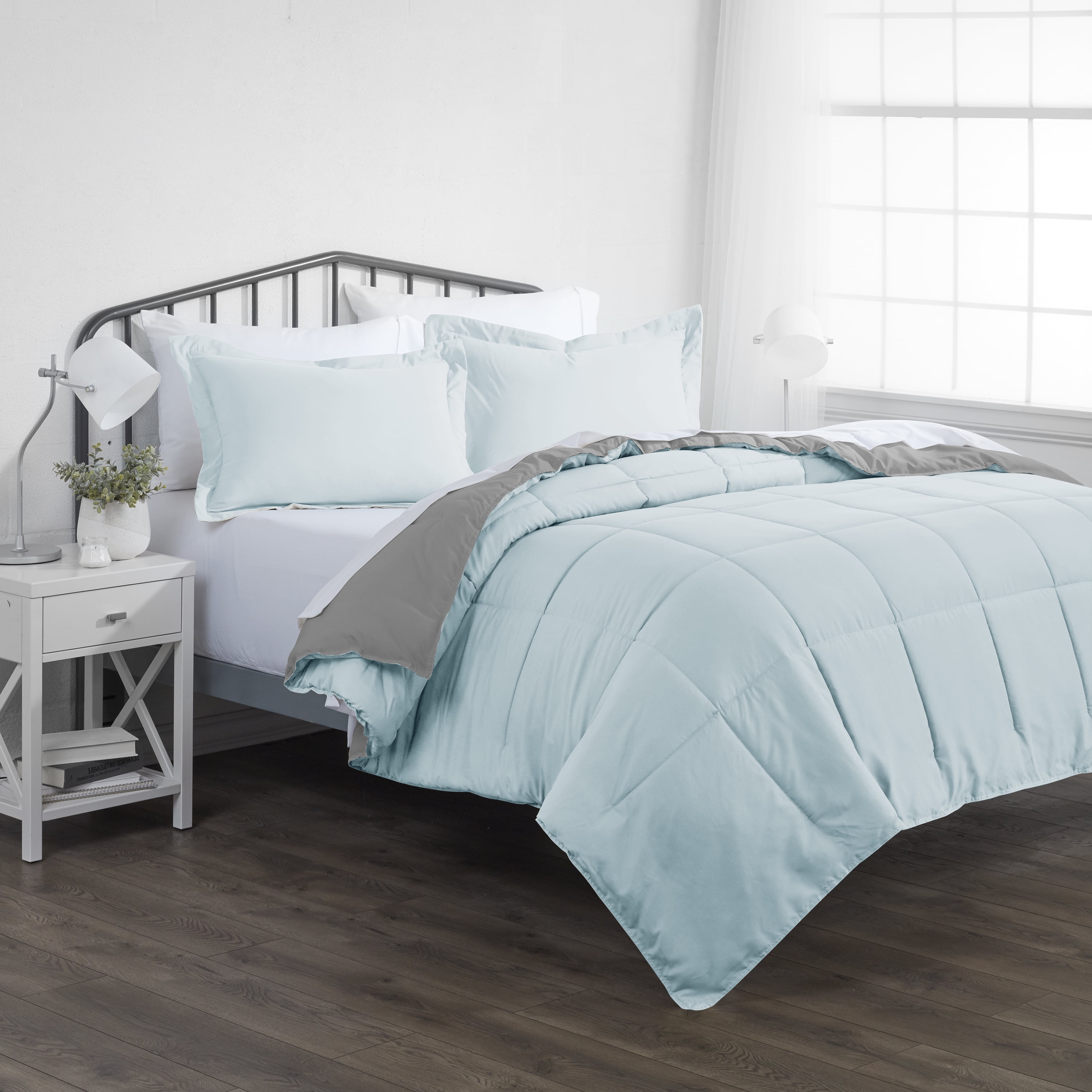 Noble Linens Premium Down Alternative Reversible 3 Piece Comforter Set Twin Light Blue Walmart Com Walmart Com