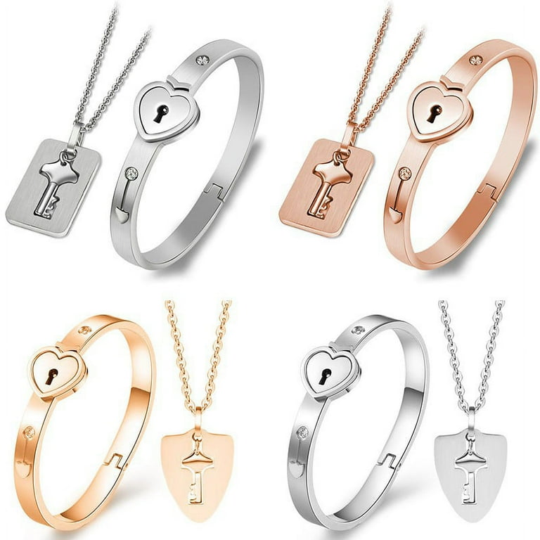Titanium Steel Jewelry Heart Lock Bangle Bracelet Key Pendant