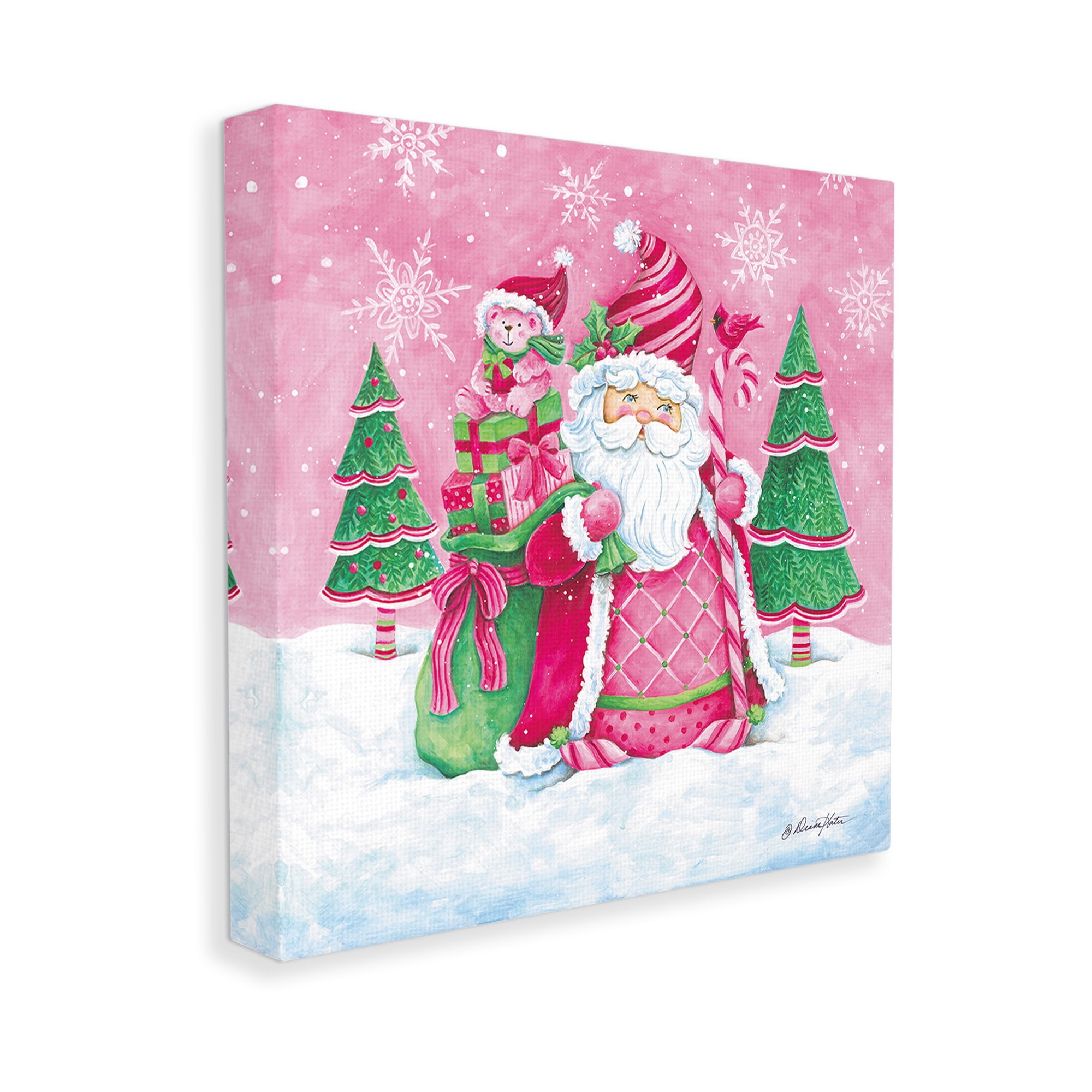 Stupell Industries Pink & Green Santa Scene Holiday Painting Gallery Wrapped Canvas Art Print Wall Art, 17 x 17