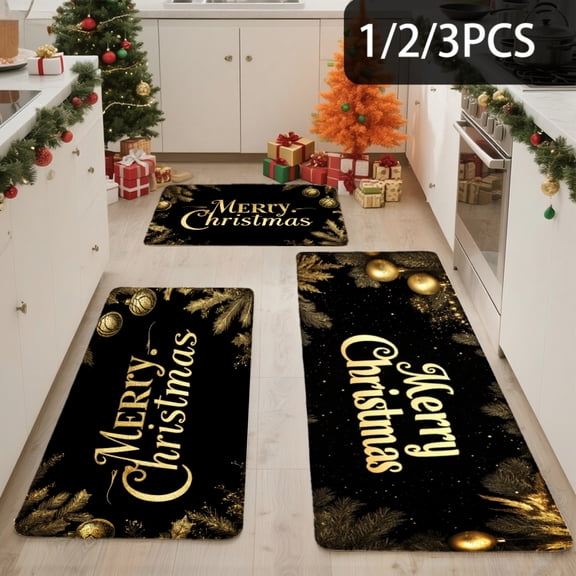 3PCS Kitchen Mat set, Welcome Door Flannel Rug,Home Decor for Front Door,Kitchen, Bathroom, Merry Christmas Gold Stars Black Background ,Great Thanksgiving Day