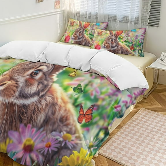 Easter Bunnies Rabbits 3 Pieces Duvet Cover with Zipper Closure,Premium Polyester Lightweight Bedding Set