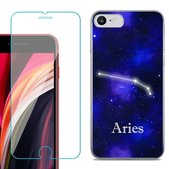 Slim-Fit Fashion Gel Phone Case for iPhone SE 2022, with Tempered Glass Screen Protector, by OneToughShield ® - Zodiac / Aries
