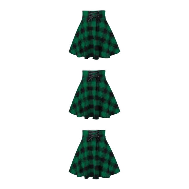 Minifalda acampanada Minnieouse corta a cuadros para mujer vestido con cordón Vintage Verde XL