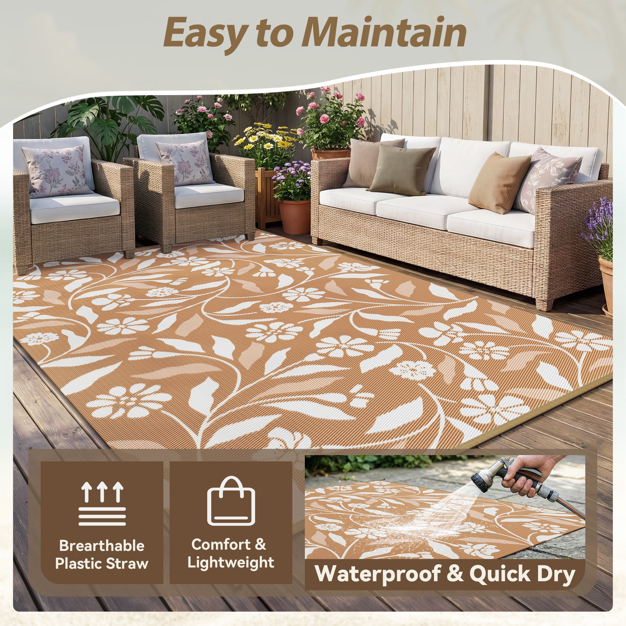 SIXHOME 9'x18' Waterproof Reversible Outdoor Rug, Black Tropical