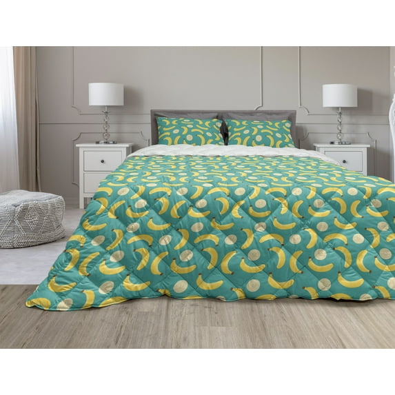 Banana Comforter & Sham Bedding Set, Pattern of Whole and Sliced Fruit Elements Scattered, 3 pcs Duvet Set Microfiber Filling Quilt, 5 Sizes, Seafoam Mustard, by Ambesonne