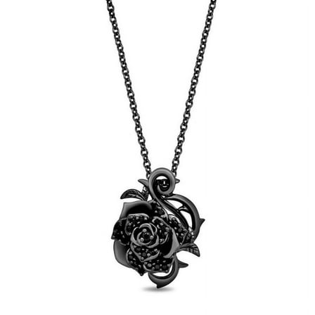 0.10 Ct Diamond Maleficent Rose Gift Pendant In 925 Sterling Silver Black Rhodium